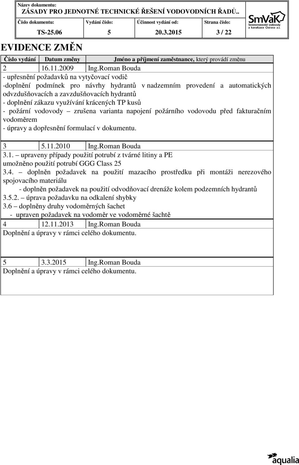 využívání krácených TP kusů - požární vodovody zrušena varianta napojení požárního vodovodu před fakturačním vodoměrem - úpravy a dopřesnění formulací v dokumentu. 3 5.11