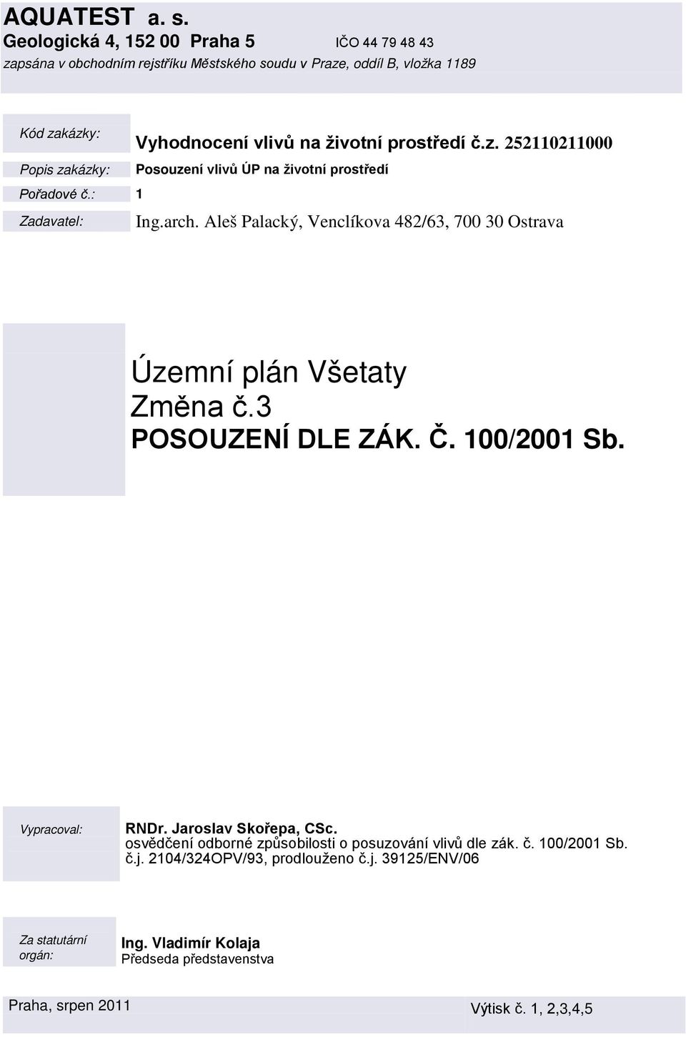 živtní prstředí č.z. 252110211000 Psuzení vlivů ÚP na živtní prstředí Přadvé č.: 1 Zadavatel: Ing.arch.