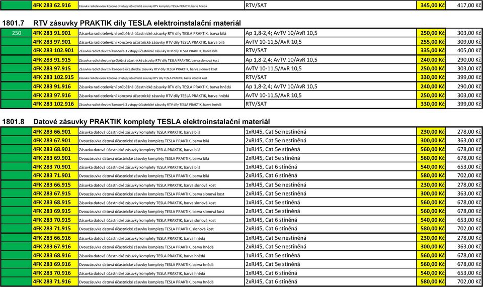 901 Zásuvka radiotelevizní průběžná účastnické zásuvky RTV díly TESLA PRAKTIK, barva bílá Ap 1,8-2,4; AvTV 10/AvR 10,5 250,00 Kč 303,00 Kč 4FK 283 97.