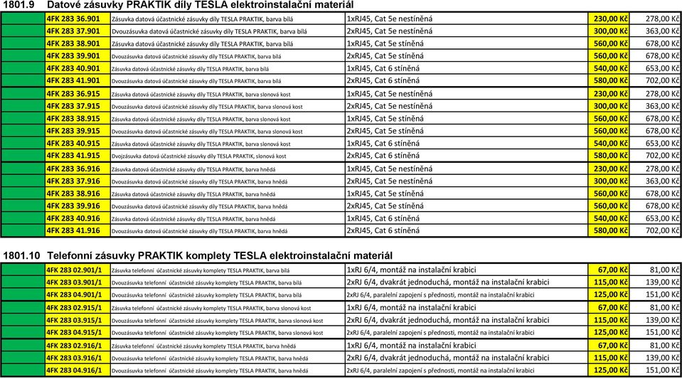 901 Dvouzásuvka datová účastnické zásuvky díly TESLA PRAKTIK, barva bílá 2xRJ45, Cat 5e nestíněná 300,00 Kč 363,00 Kč 4FK 283 38.