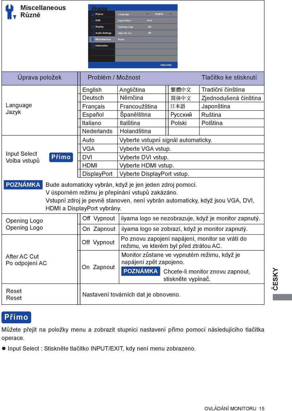 Italiano Italština Polski Polština Nederlands Holandština Auto Vyberte vstupní signál automaticky. VGA Vyberte VGA vstup. DVI Vyberte DVI vstup. HDMI Vyberte HDMI vstup.