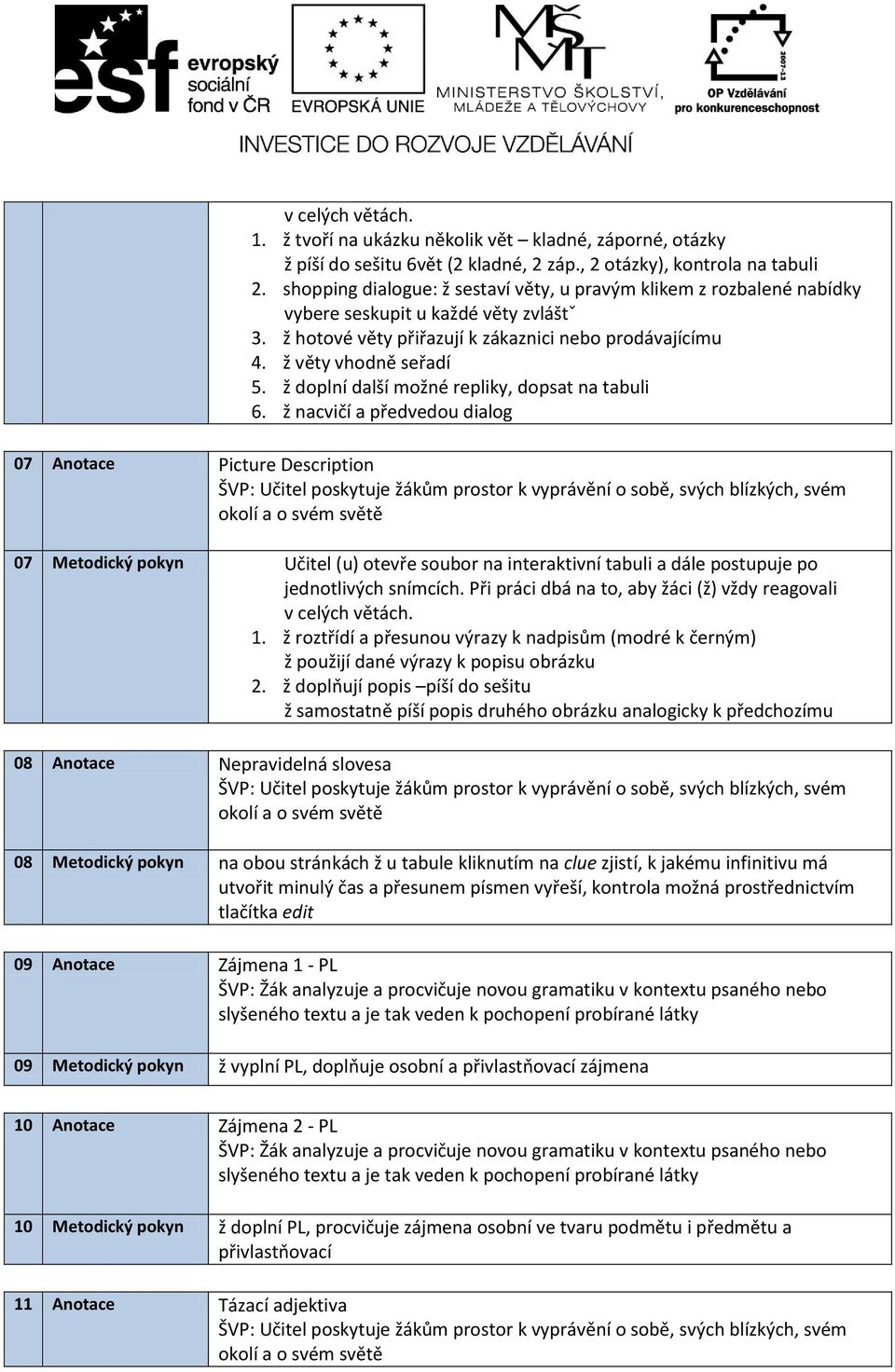 ž doplní další možné repliky, dopsat na tabuli 6. ž nacvičí a předvedou dialog 07 Anotace Picture Description 07 Metodický pokyn Učitel (u) otevře soubor na interaktivní tabuli a dále postupuje po 1.