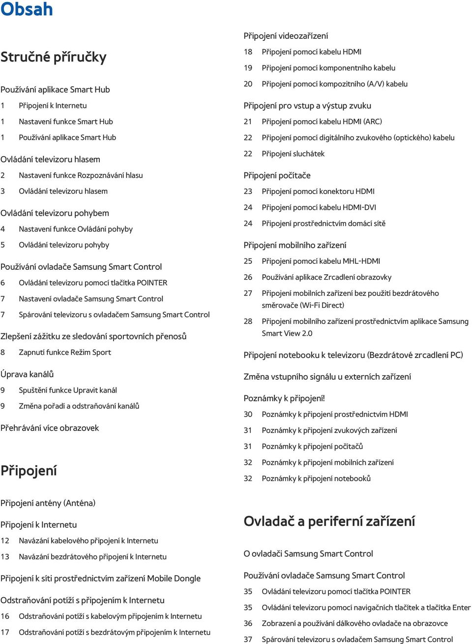 televizoru pomocí tlačítka POINTER 7 Nastavení ovladače Samsung Smart Control 7 Spárování televizoru s ovladačem Samsung Smart Control Zlepšení zážitku ze sledování sportovních přenosů 8 Zapnutí