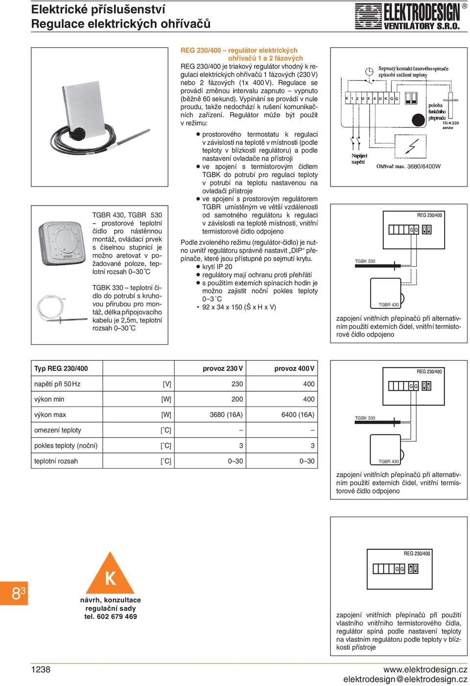 fázových REG 230/400 je triakový regulátor vhodný k regulaci elektrických ohřívačů 1 fázových (230 V) nebo 2 fázových (1x 400 V).