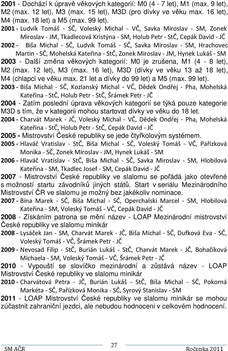 Miroslav - SM, Hrachovec Martin - SČ, Mohelská Kateřina - StČ, Zonek Miroslav - JM, Hynek Lukáš - SM 2003 - Další změna věkových kategorií: M0 je zrušena, M1 (4-8 let), M2 (max. 12 let), M3 (max.