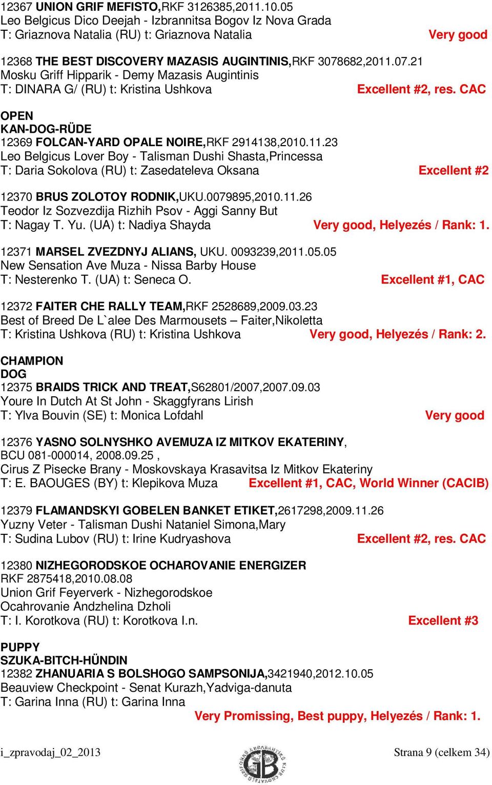 682,2011.07.21 Mosku Griff Hipparik - Demy Mazasis Augintinis T: DINARA G/ (RU) t: Kristina Ushkova Excellent #2, res. CAC OPEN KAN-DOG-RÜDE 12369 FOLCAN-YARD OPALE NOIRE,RKF 2914138,2010.11.23 Leo Belgicus Lover Boy - Talisman Dushi Shasta,Princessa T: Daria Sokolova (RU) t: Zasedateleva Oksana Excellent #2 12370 BRUS ZOLOTOY RODNIK,UKU.