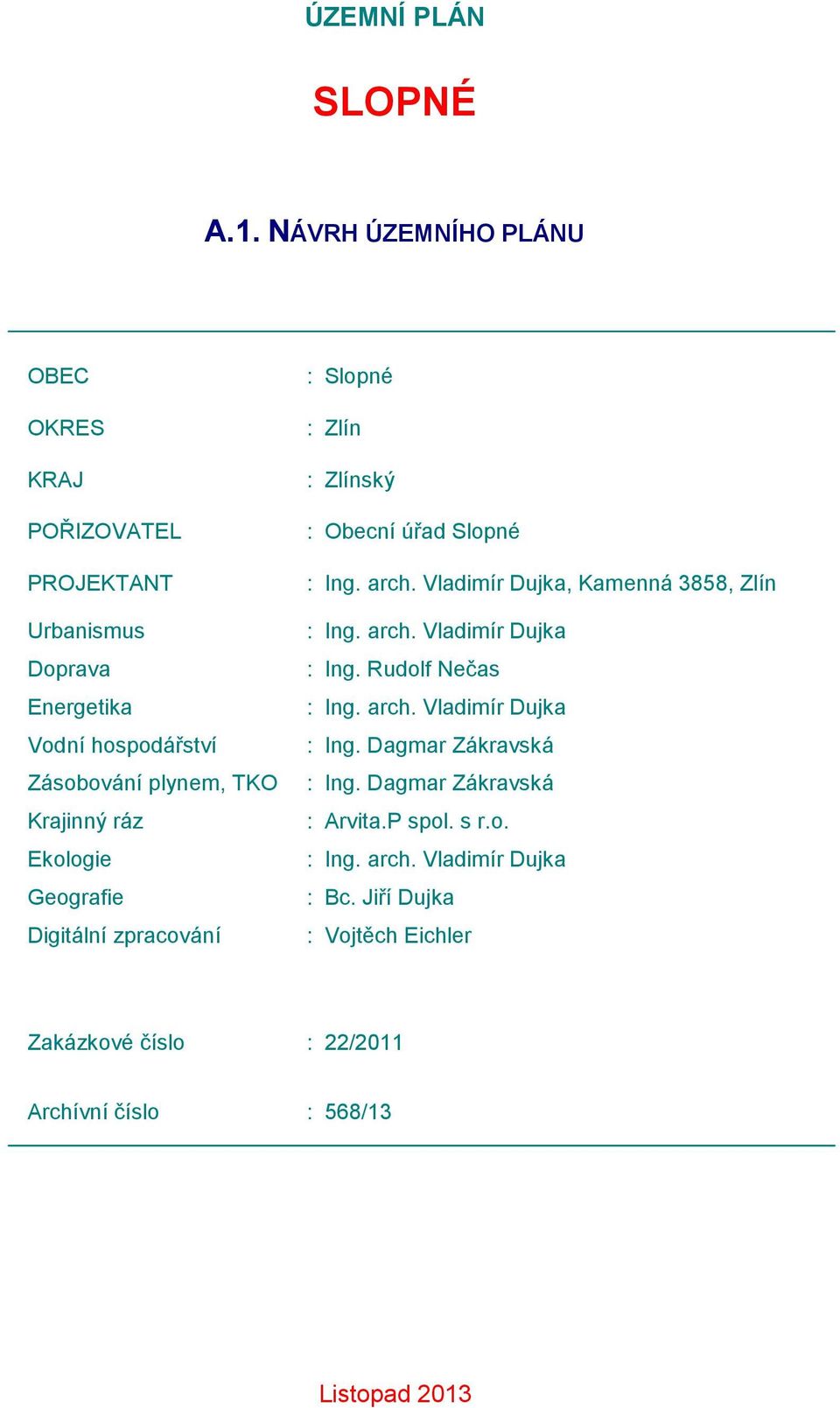 Ekologie Geografie Digitální zpracování : Slopné : Zlín : Zlínský : Obecní úřad Slopné : Ing. arch. Vladimír Dujka, Kamenná 3858, Zlín : Ing.