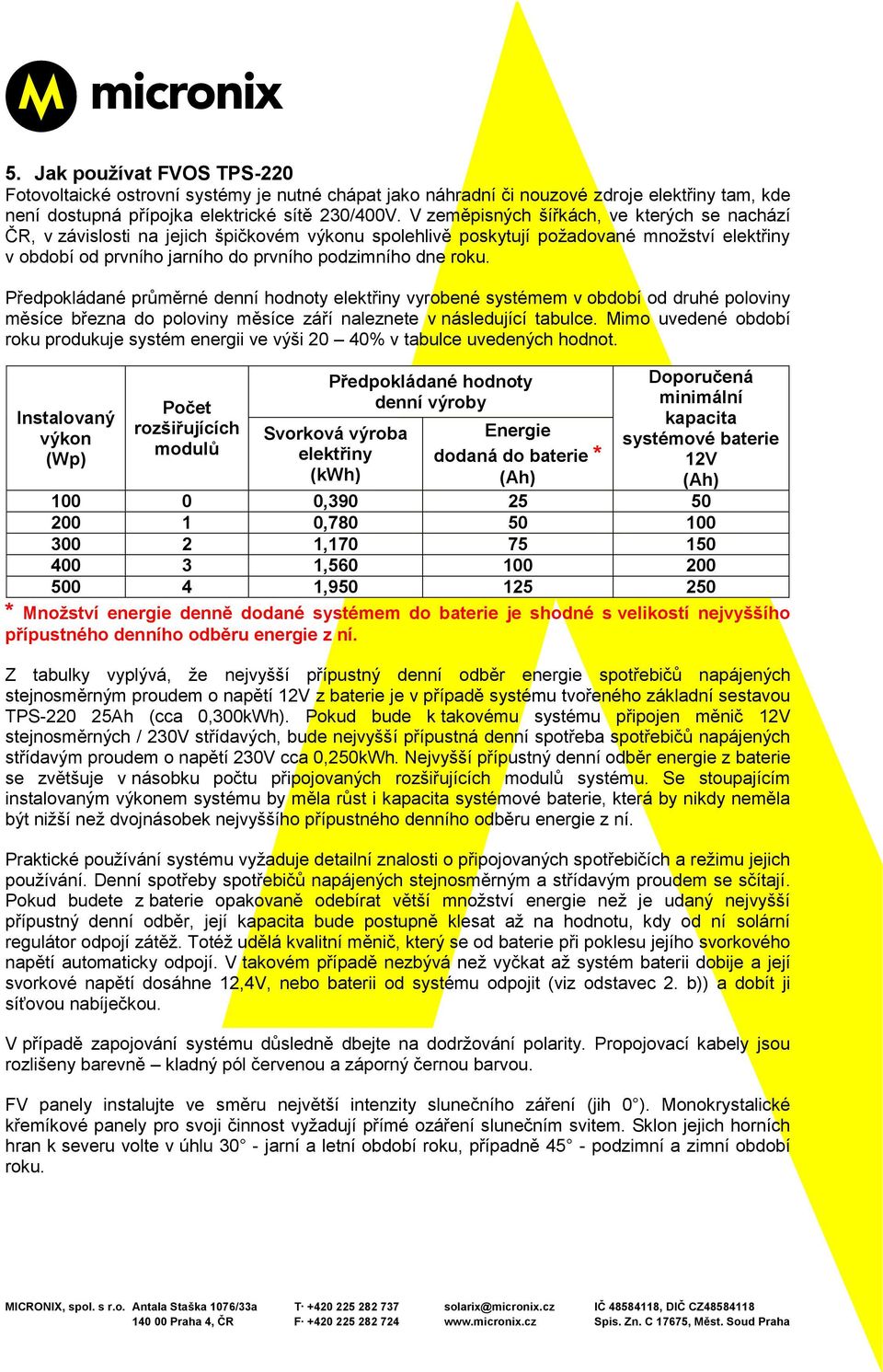 Předpokládané průměrné denní hodnoty elektřiny vyrobené systémem v období od druhé poloviny měsíce března do poloviny měsíce září naleznete v následující tabulce.