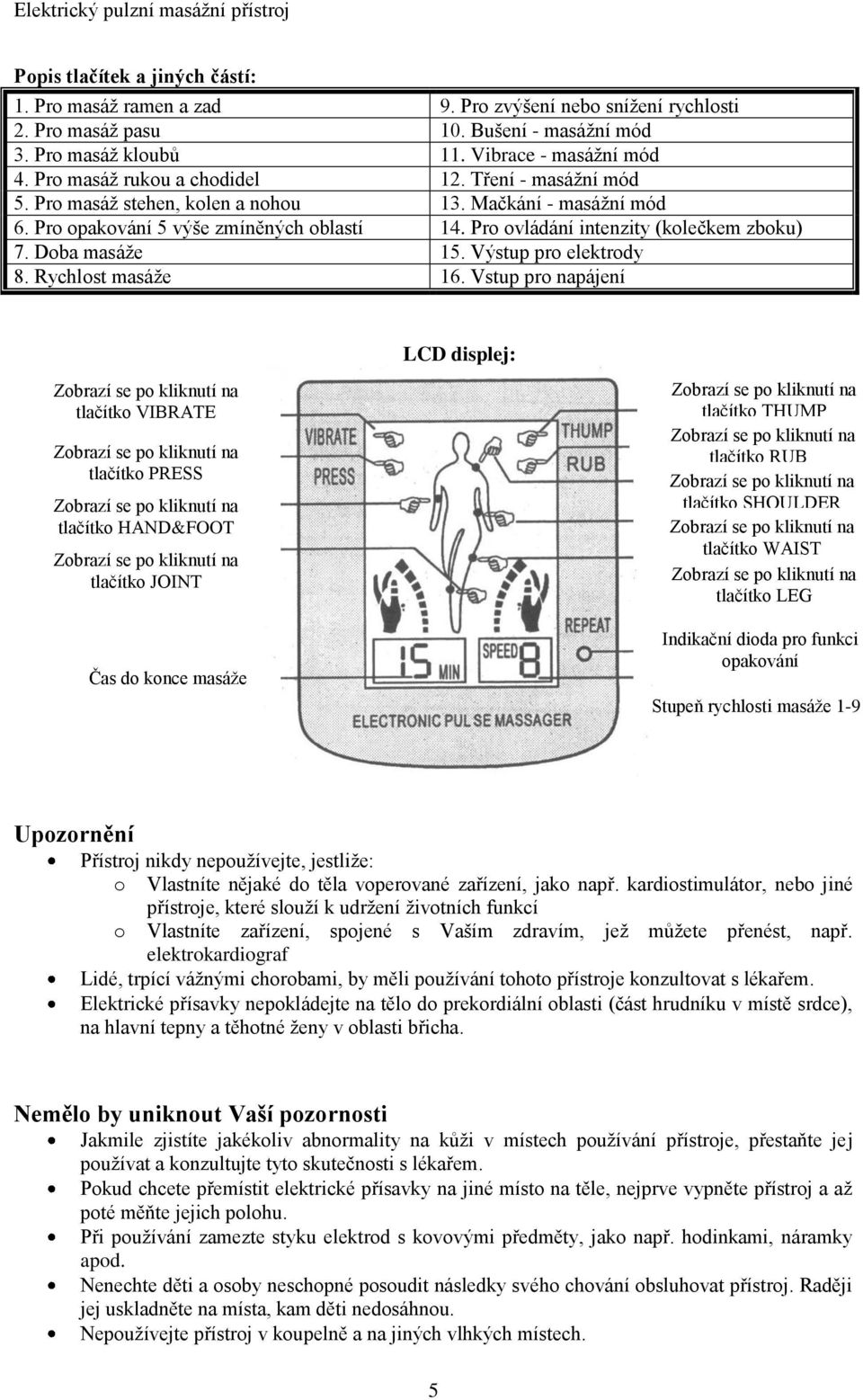 Doba masáže 15. Výstup pro elektrody 8. Rychlost masáže 16.