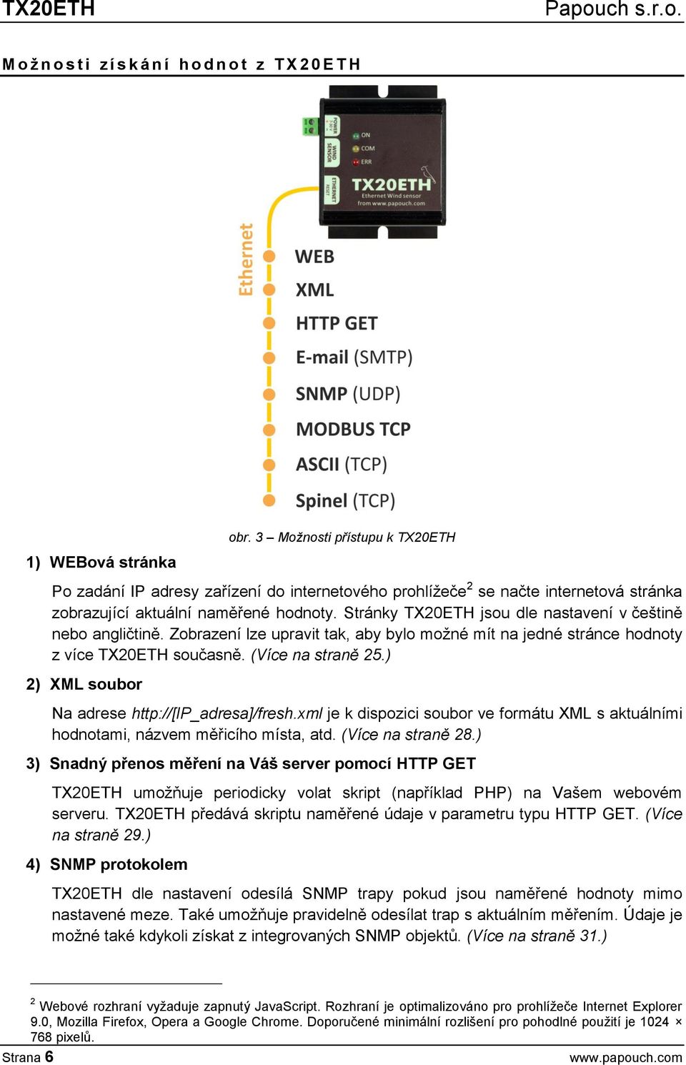 Stránky TX20ETH jsou dle nastavení v češtině nebo angličtině. Zobrazení lze upravit tak, aby bylo možné mít na jedné stránce hodnoty z více TX20ETH současně. (Více na straně 25.