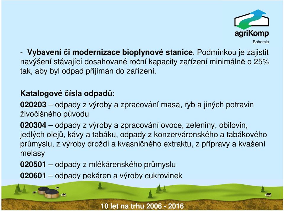 Katalogové čísla odpadů: 020203 odpady z výroby a zpracování masa, ryb a jiných potravin živočišného původu 020304 odpady z výroby a zpracování ovoce, zeleniny, obilovin,