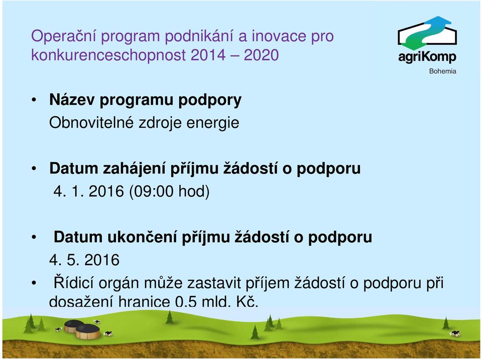 podporu 4. 1. 2016 (09:00 hod) Datum ukončení příjmu žádostí o podporu 4. 5.