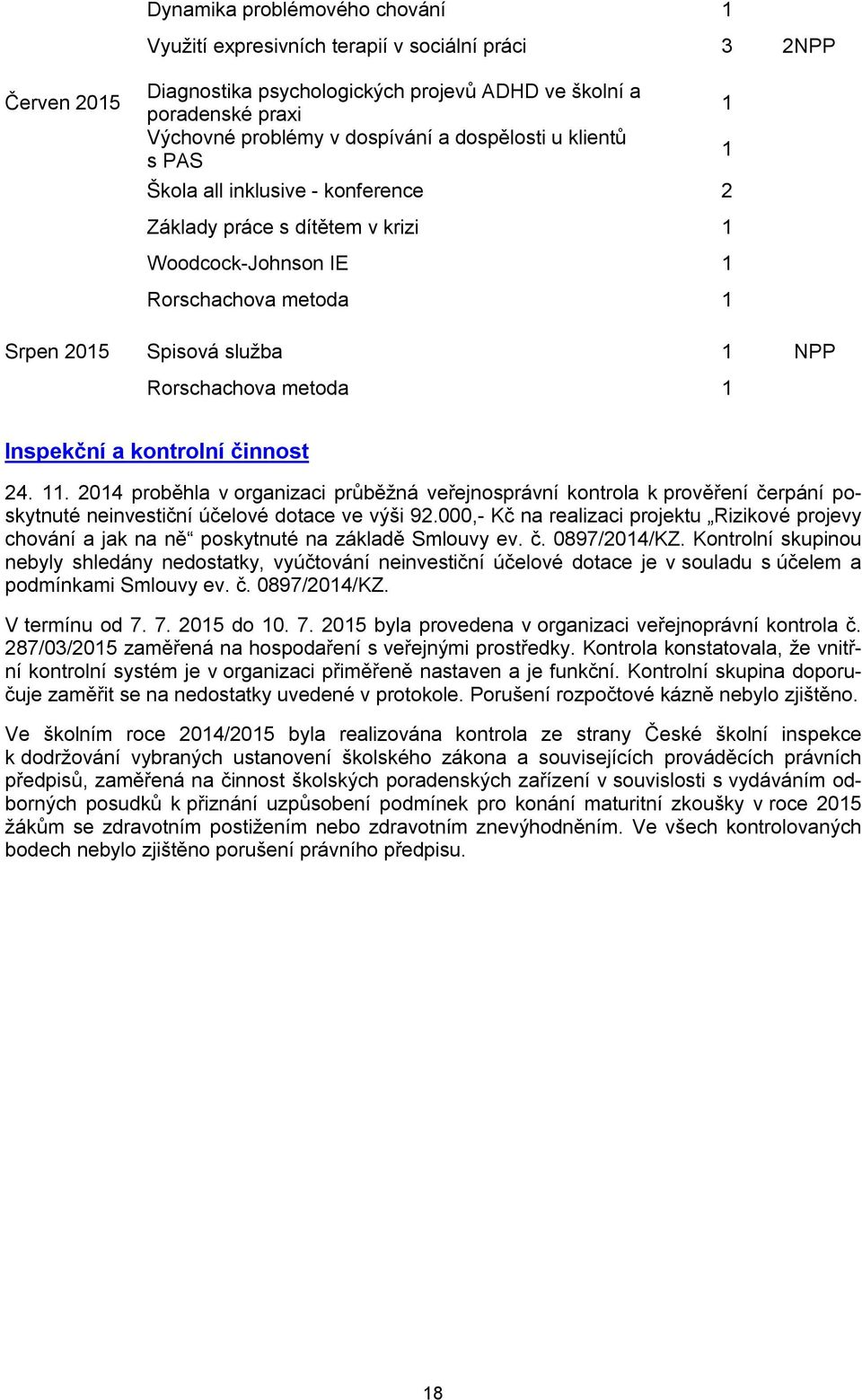 Inspekční a kontrolní činnost 24. 11. 2014 proběhla v organizaci průběžná veřejnosprávní kontrola k prověření čerpání poskytnuté neinvestiční účelové dotace ve výši 92.