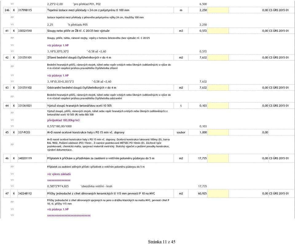 C 20/25 bez výztuže m3 0,572 0,00 CS ÚRS 2015 01 Sloupy, pilíře, táhla, rámové stojky, vzpěry z betonu železového (bez výztuže) tř. C 20/25 viz půdorys 1.