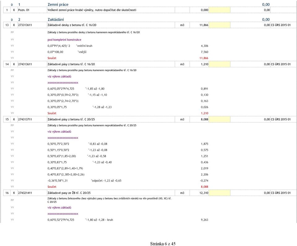 C 16/20 pod kompletní konstrukce 0,07*Pi*(4,425)^2 "vnitřní kruh 4,306 0,07*108,00 "vnější 7,560 Součet 11,866 14 K 274313611 Základové pásy z betonu tř.