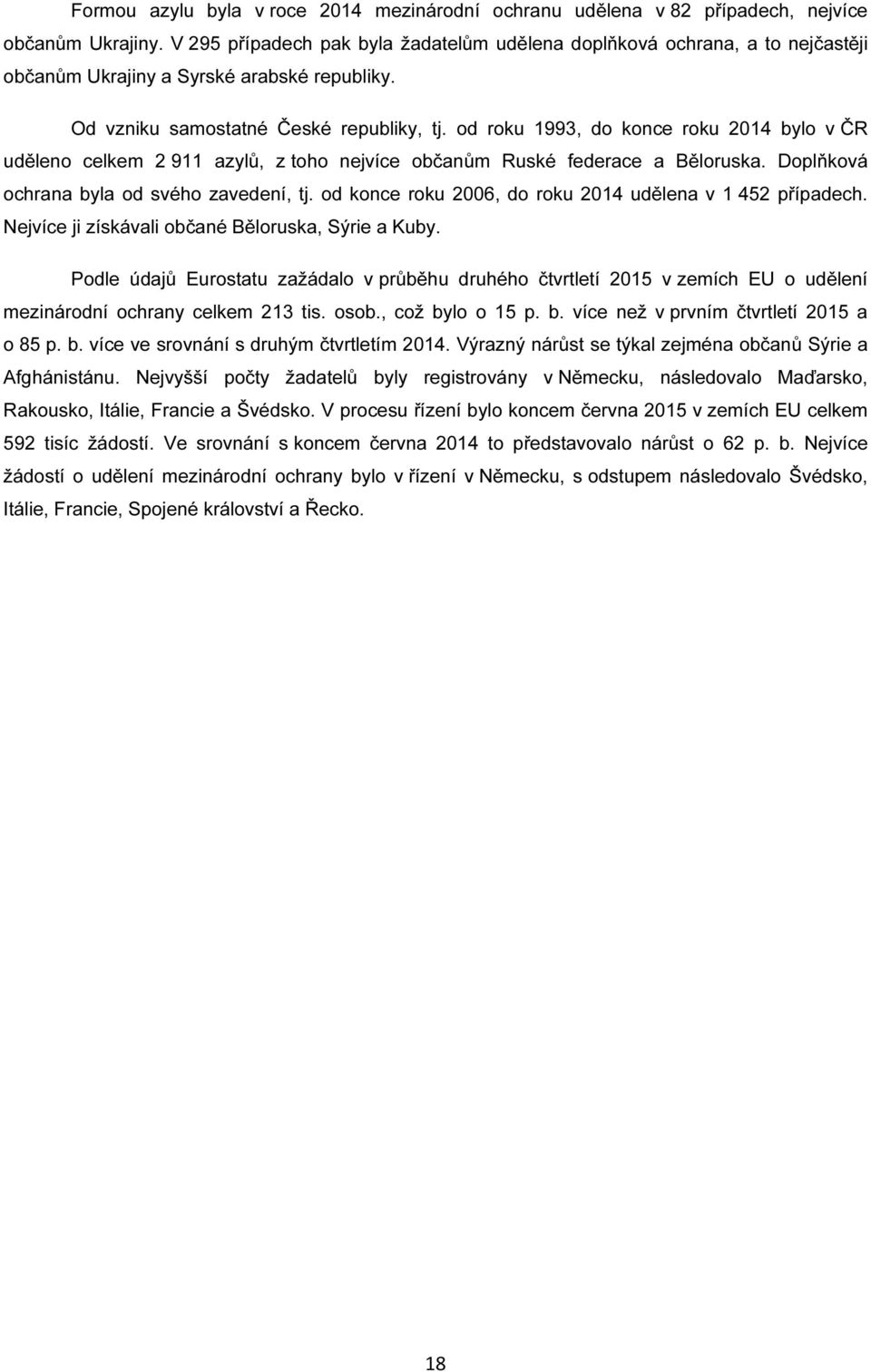 od roku 1993, do konce roku 2014 bylo v ČR uděleno celkem 2 911 azylů, z toho nejvíce občanům Ruské federace a Běloruska. Doplňková ochrana byla od svého zavedení, tj.