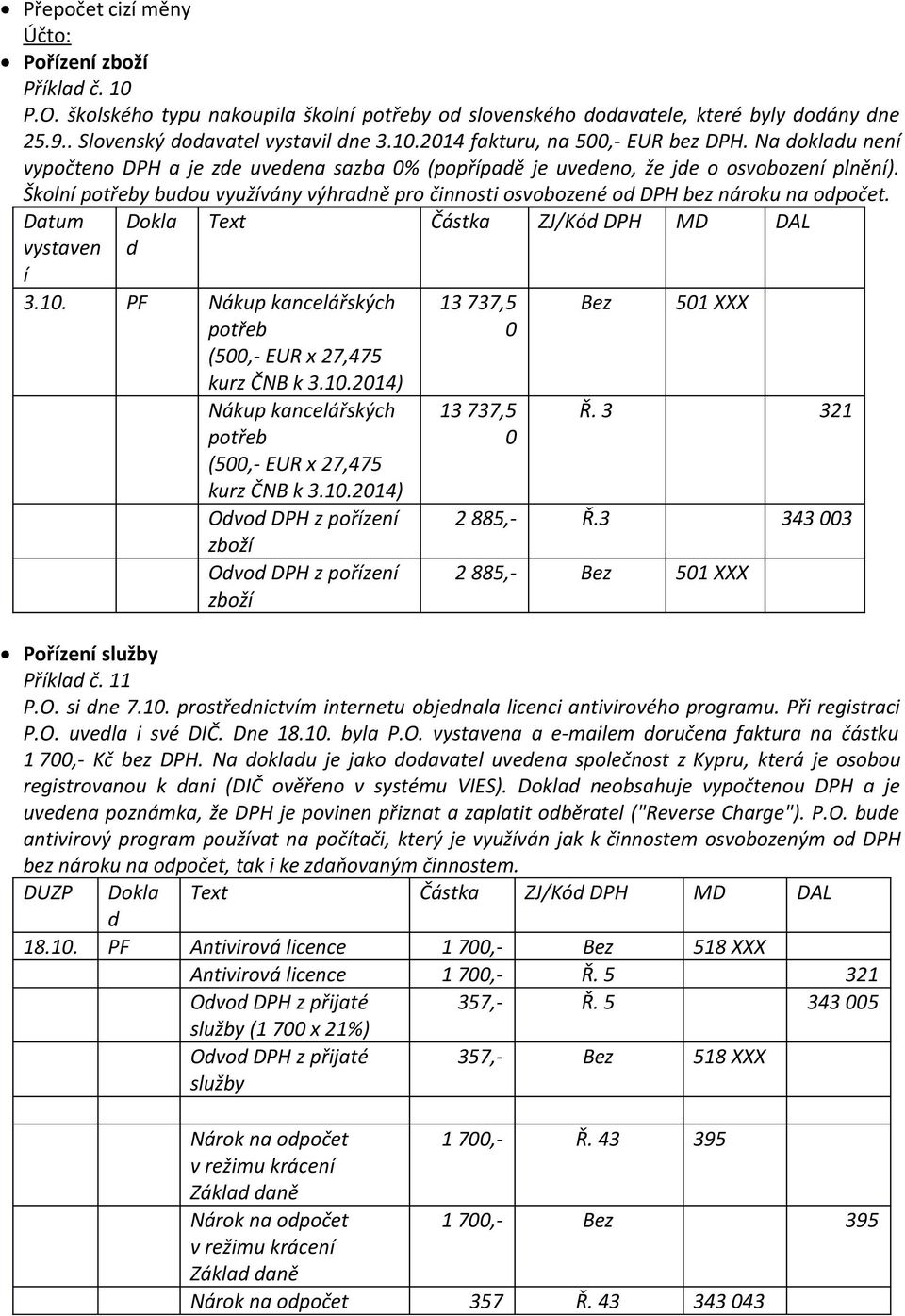 Datum vystaven í Dokla Text Částka ZJ/Kó MD DAL 3.10. PF Nákup kancelářských potřeb (500,- EUR x 27,475 kurz ČNB k 3.10.2014) Nákup kancelářských potřeb (500,- EUR x 27,475 kurz ČNB k 3.10.2014) Ovo z pořízení zboží Ovo z pořízení zboží 13 737,5 0 13 737,5 0 Bez 501 XXX Ř.