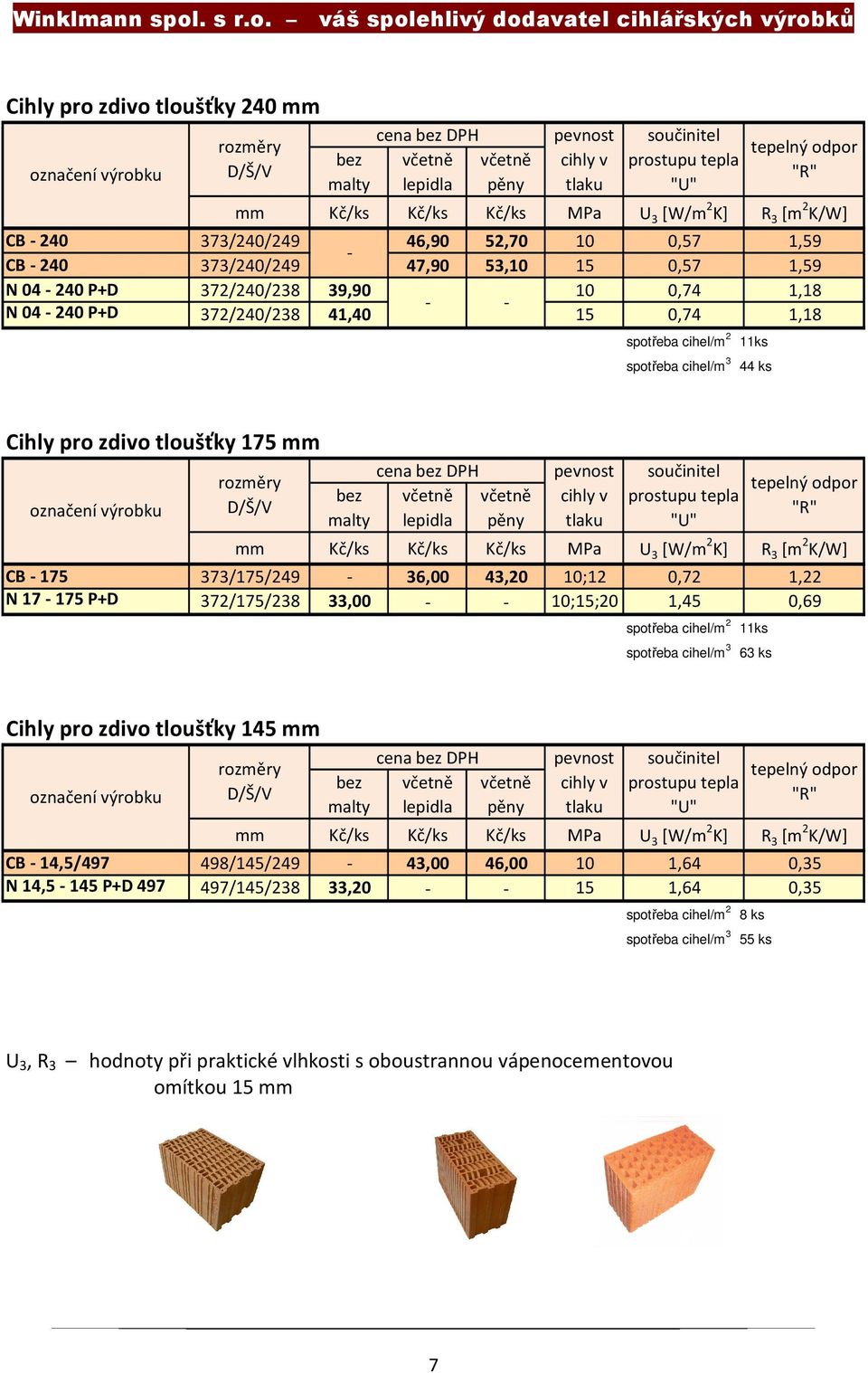 17-175 P+D 372/175/238 33,00 - - 10;15;20 1,45 0,69 spotřeba cihel/m 2 11ks spotřeba cihel/m 3 63 ks Cihly pro zdivo tloušťky 145 mm cena DPH CB - 14,5/497 498/145/249-43,00 46,00 10 1,64