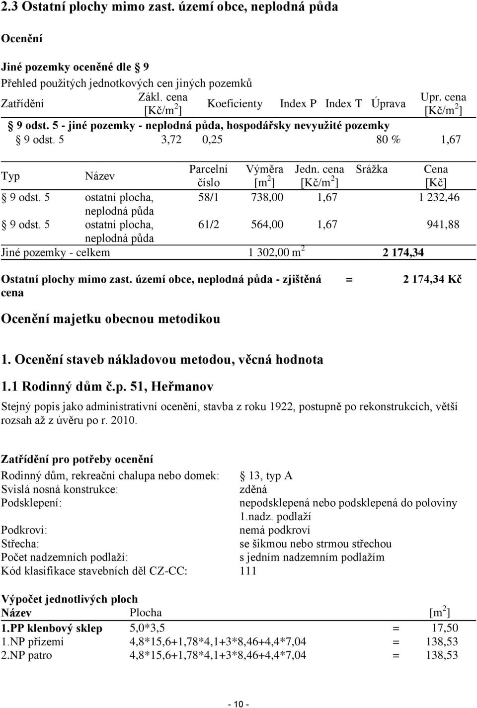 5 3,72 0,25 80 % 1,67 Typ Název Parcelní Výměra Jedn. cena Srážka Cena číslo [m 2 ] [Kč/m 2 ] [Kč] 9 odst. 5 ostatní plocha, 58/1 738,00 1,67 1 232,46 neplodná půda 9 odst.