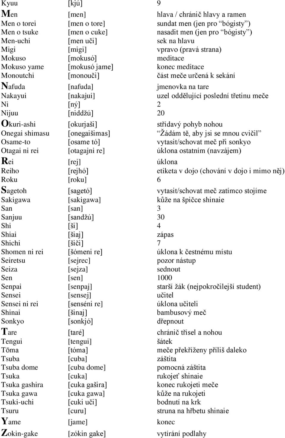 uzel oddělující poslední třetinu meče Ni [ný] 2 Nijuu [niddžú] 20 Okuri-ashi [okurjaši] střídavý pohyb nohou Onegai shimasu [onegaišimas] Žádám tě, aby jsi se mnou cvičil Osame-to [osame tó]