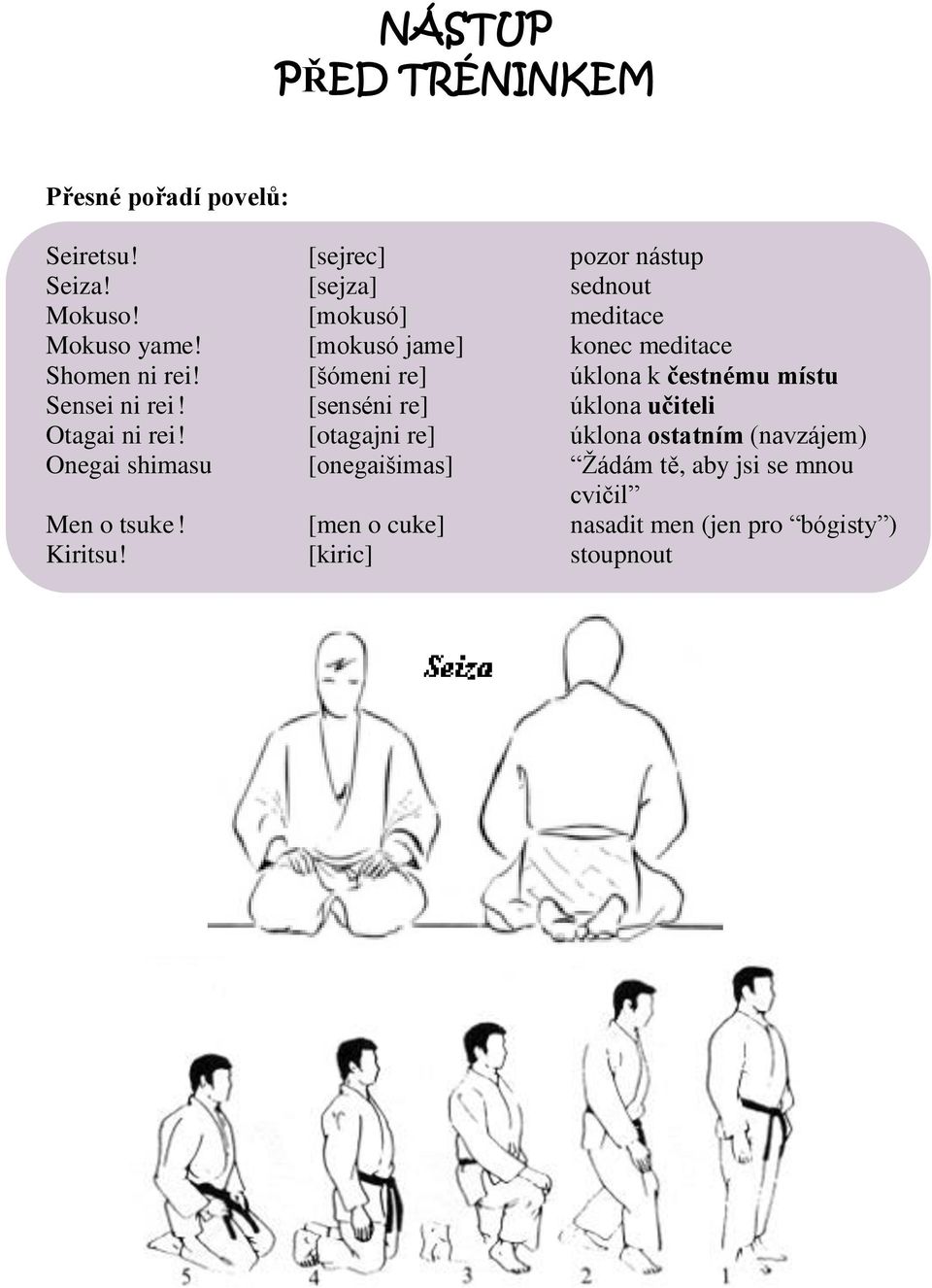 [šómeni re] úklona k čestnému místu Sensei ni rei! [senséni re] úklona učiteli Otagai ni rei!