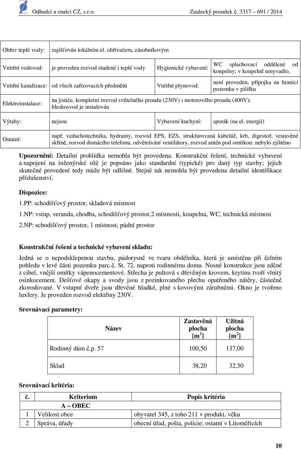 jističe, kompletní rozvod světelného proudu (230V) i motorového proudu (400V); bleskosvod je instalován WC splachovací oddělené od koupelny; v koupelně umyvadlo, není proveden, přípojka na hranici