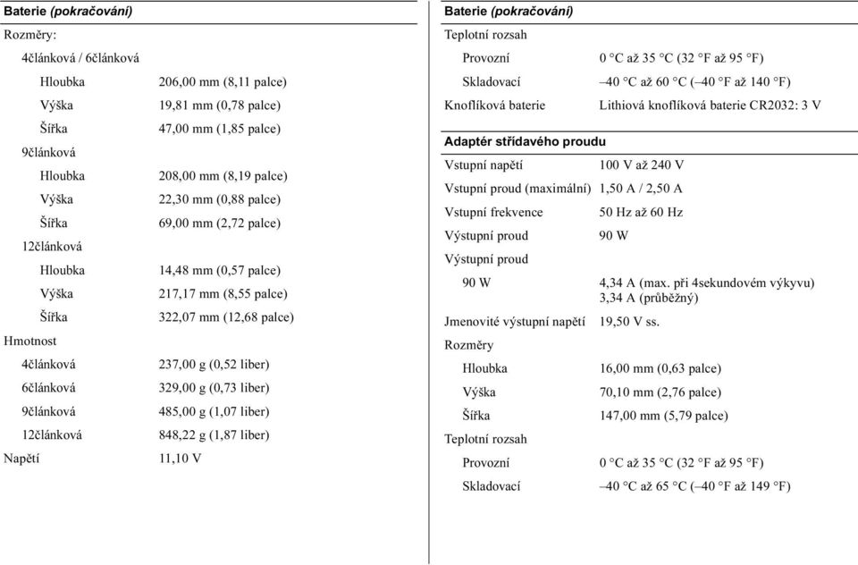 liber) 848,22 g (1,87 liber) 11,10 V Baterie (pokračování) Teplotní rozsah Knoflíková baterie Adaptér střídavého proudu 0 C až 35 C (32 F až 95 F) 40 C až 60 C ( 40 F až 140 F) Lithiová knoflíková