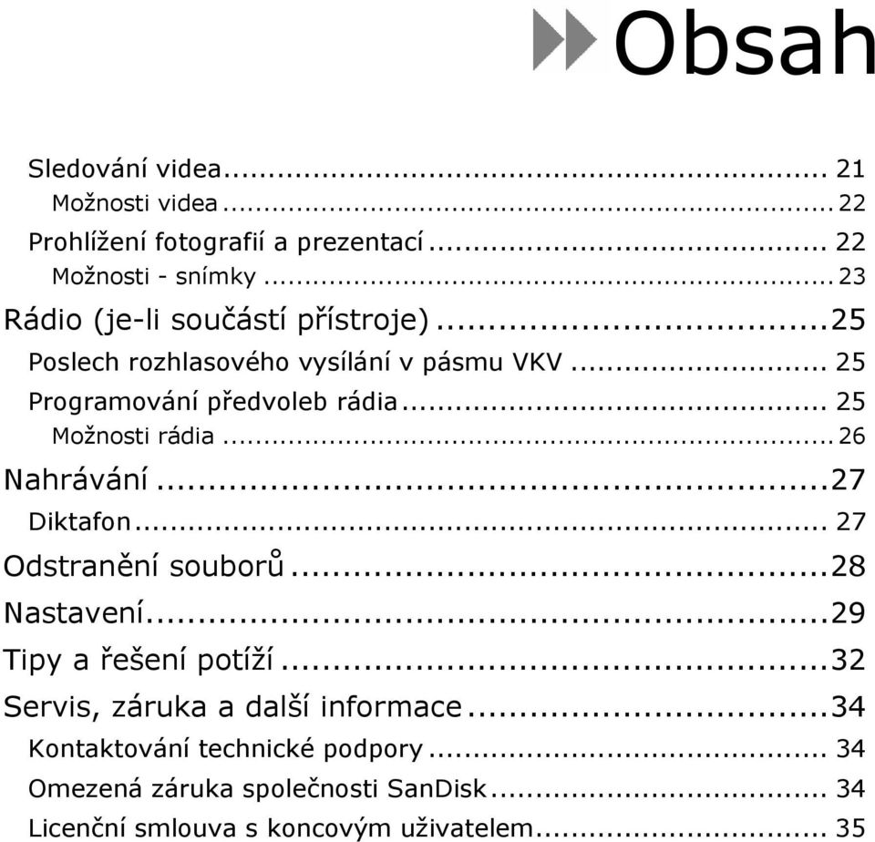 .. 25 Možnosti rádia... 26 Nahrávání...27 Diktafon... 27 Odstranění souborů...28 Nastavení...29 Tipy a řešení potíží.