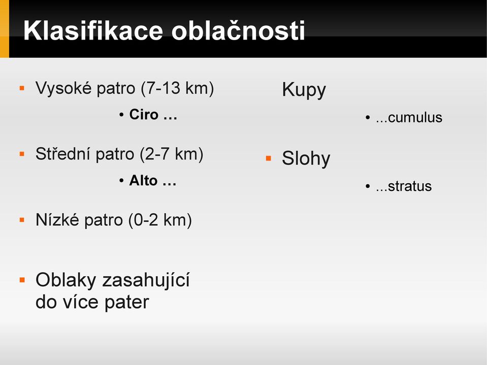 Kupy Alto Nízké patro (0-2 km) Oblaky