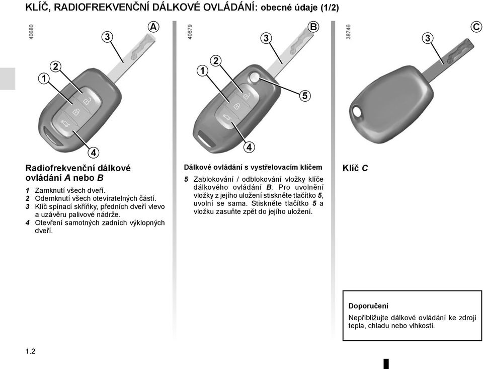 4 Dálkové ovládání s vystřelovacím klíčem 5 Zablokování / odblokování vložky klíče dálkového ovládání B.