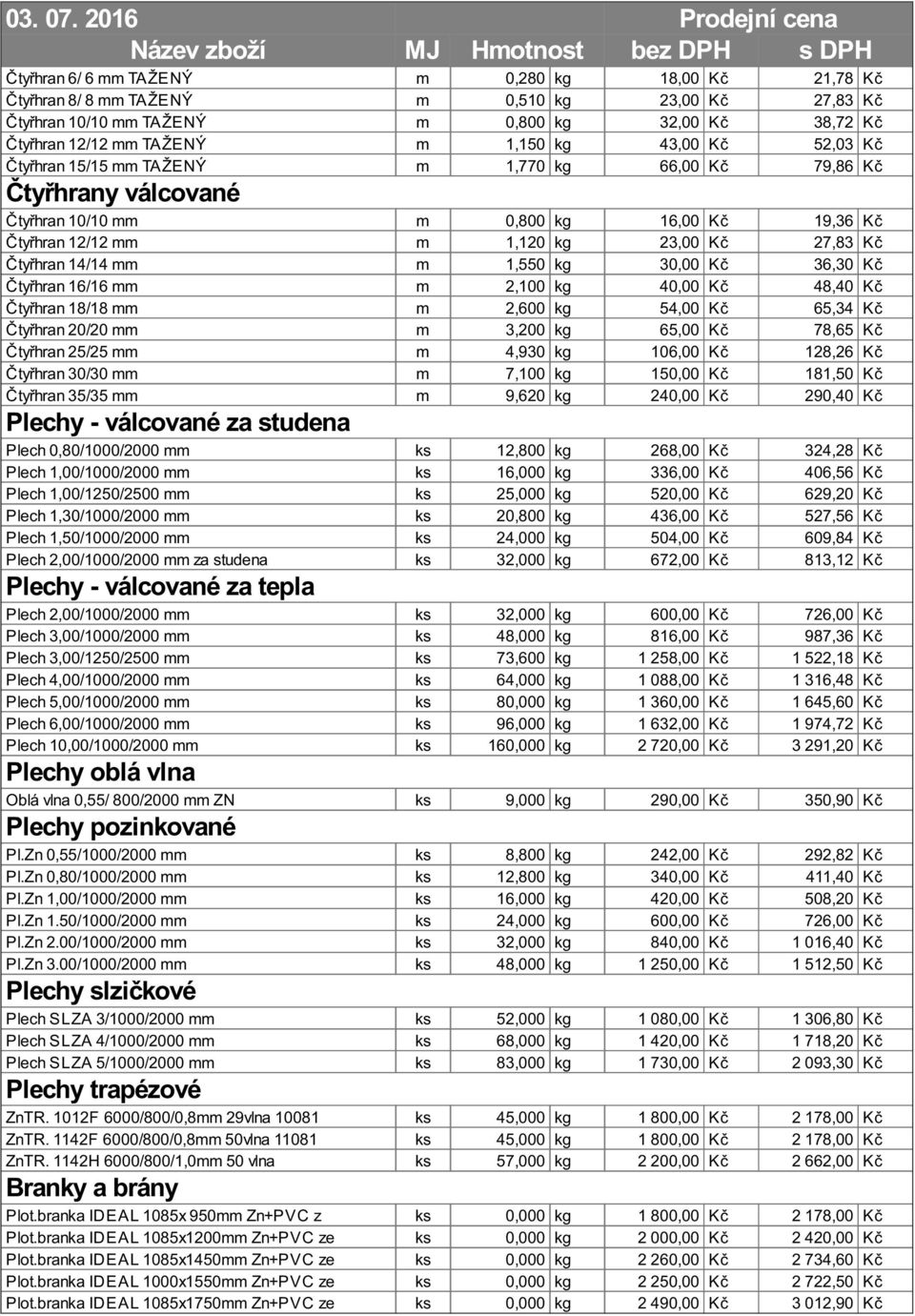 14/14 mm m 1,550 kg 30,00 Kč 36,30 Kč Čtyřhran 16/16 mm m 2,100 kg 40,00 Kč 48,40 Kč Čtyřhran 18/18 mm m 2,600 kg 54,00 Kč 65,34 Kč Čtyřhran 20/20 mm m 3,200 kg 65,00 Kč 78,65 Kč Čtyřhran 25/25 mm m