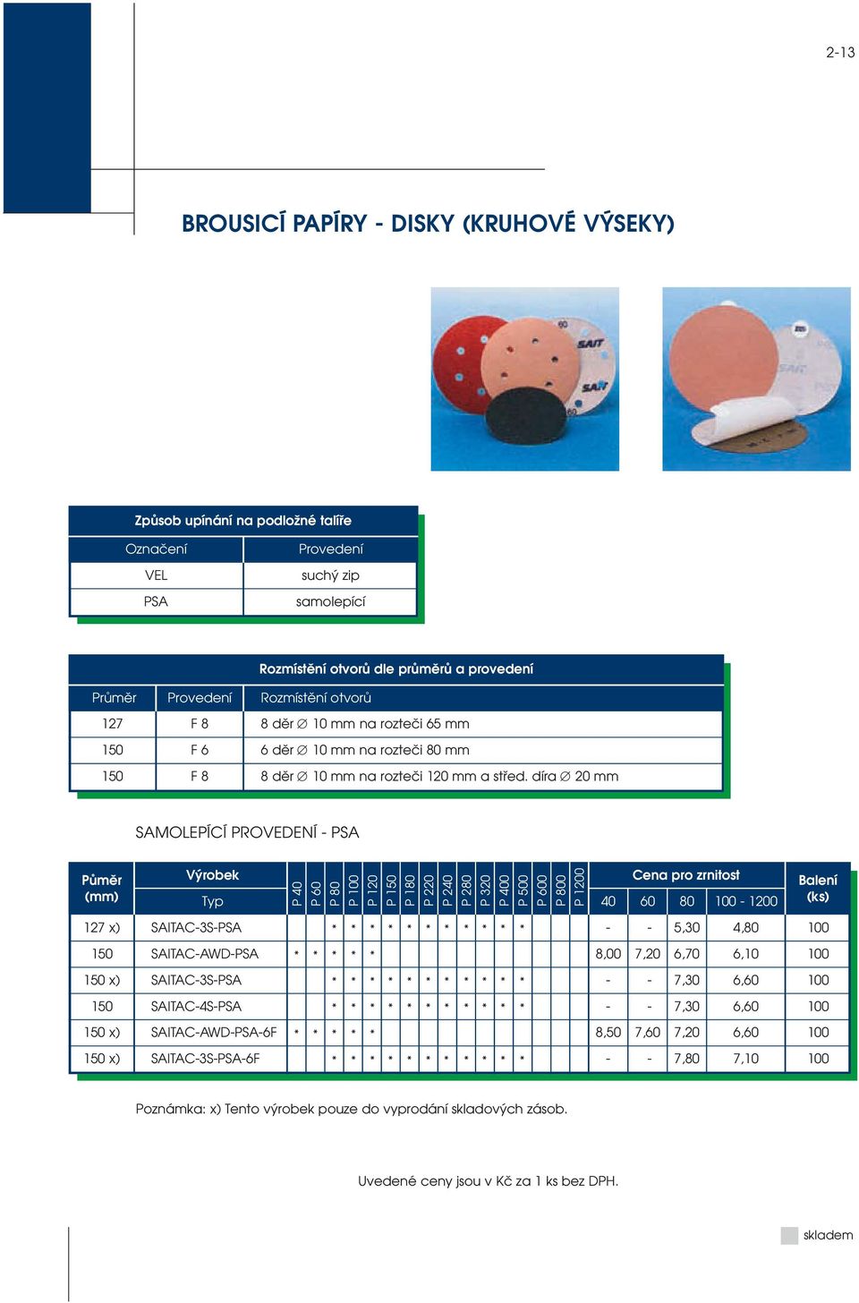 díra 20 mm SAMOLEPÍCÍ PROVEDENÍ - PSA Půměr Výrobek Cena pro zrnitost Balení (mm) Typ 40 60 80 100-1200 (ks) P 40 P 60 P 80 P 100 P 120 P 150 P 180 P 220 P 240 P 280 P 320 P 400 P 500 P 600 P 800 P