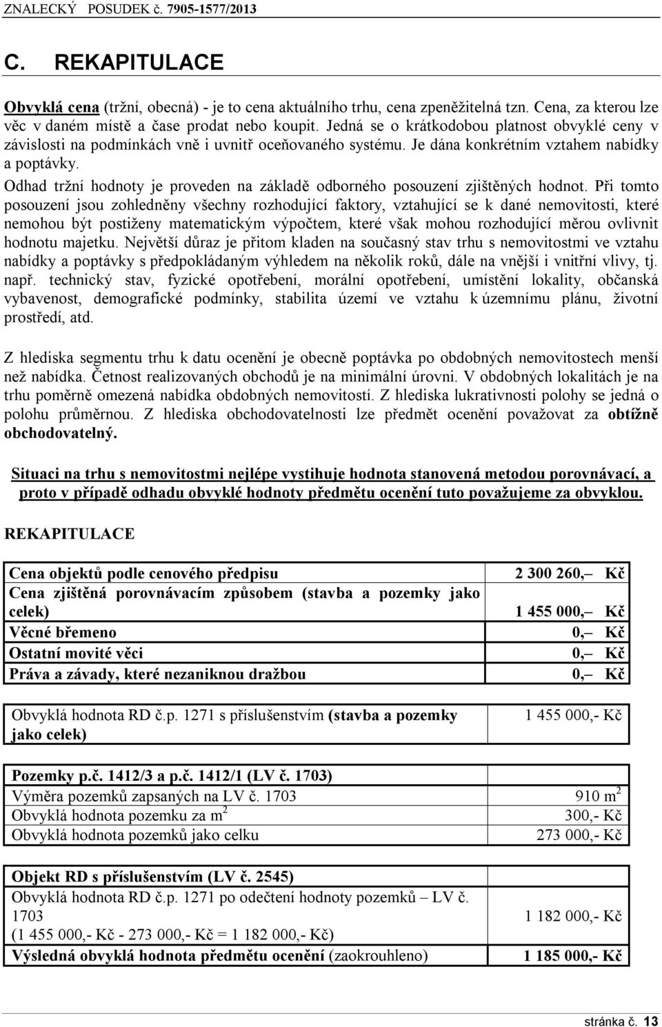 Odhad tržní hodnoty je proveden na základě odborného posouzení zjištěných hodnot.