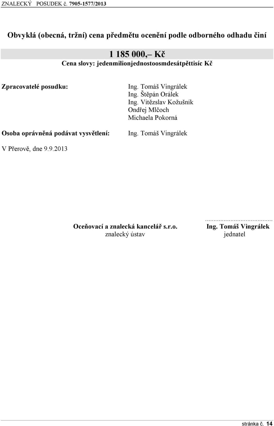 Tomáš Vingrálek Ing. Štěpán Orálek Ing. Vítězslav Kožušník Ondřej Mlčoch Michaela Pokorná Ing.