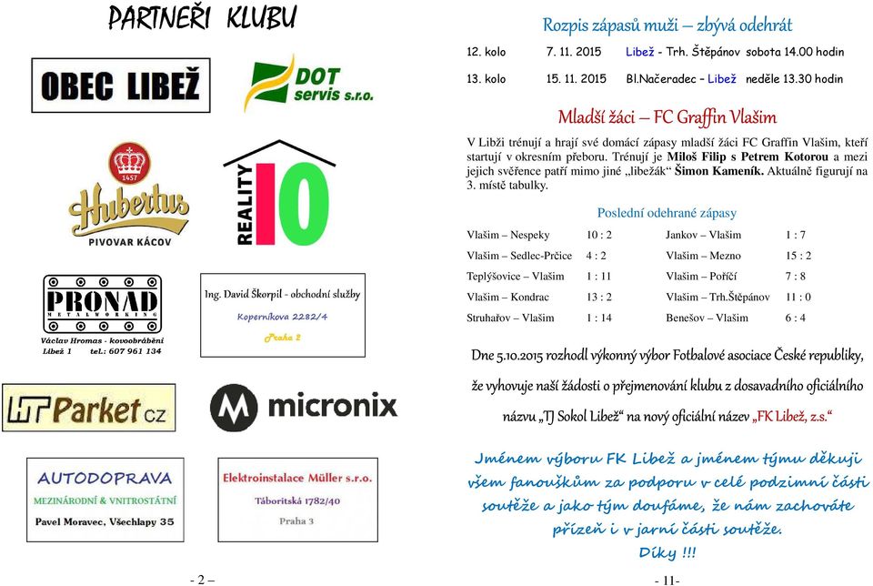 Trénují je Miloš Filip s Petrem Kotorou a mezi jejich svěřence patří mimo jiné libežák Šimon Kameník. Aktuálně figurují na 3. místě tabulky.