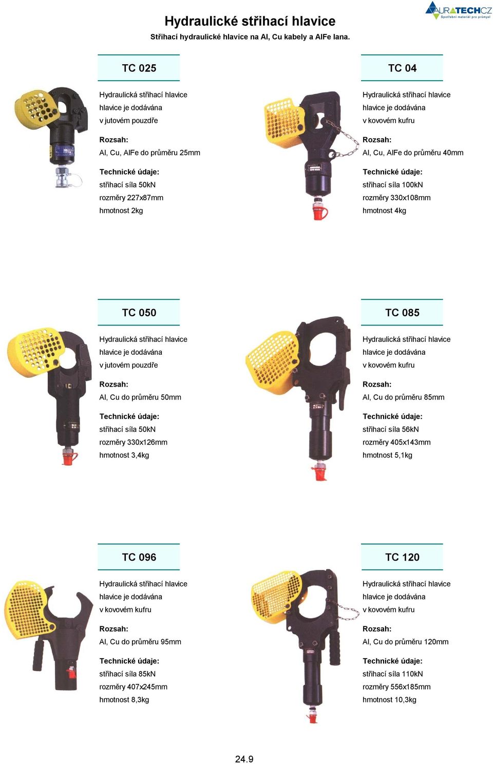 průměru 40mm střihací síla 100kN rozměry 330x108mm hmotnost 4kg TC 050 TC 085 Hydraulická střihací hlavice v jutovém pouzdře Al, Cu do průměru 50mm střihací síla 50kN rozměry 330x126mm hmotnost 3,4kg