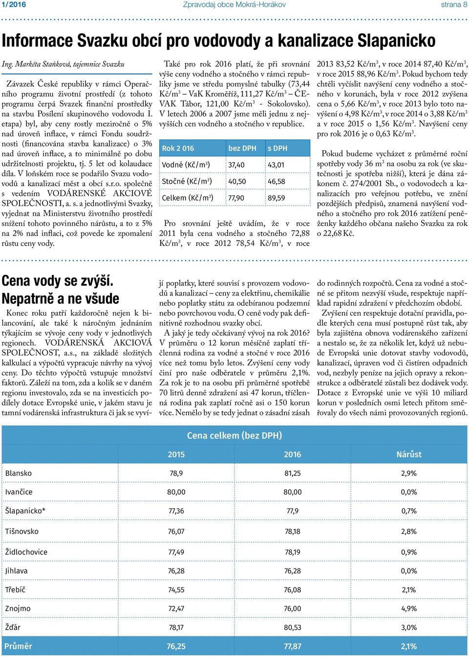 etapa) byl, aby ceny rostly meziročně o 5% nad úroveň inflace, v rámci Fondu soudržnosti (financována stavba kanalizace) o 3% nad úroveň inflace, a to minimálně po dobu udržitelnosti projektu, tj.