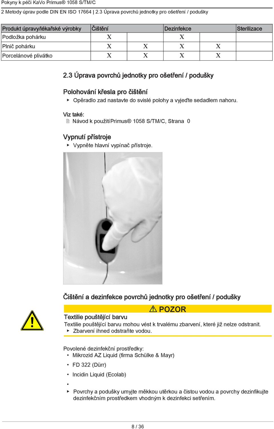 3 Úprava povrchů jednotky pro ošetření / podušky Polohování křesla pro čištění Opěradlo zad nastavte do svislé polohy a vyjeďte sedadlem nahoru.