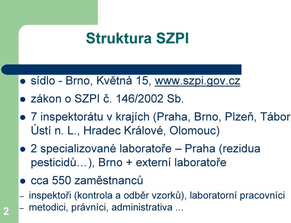 , Hradec Králové, Olomouc) 2 specializované laboratoře Praha (rezidua pesticidů ), Brno +