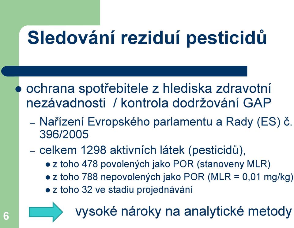 396/2005 celkem 1298 aktivních látek (pesticidů), z toho 478 povolených jako POR (stanoveny