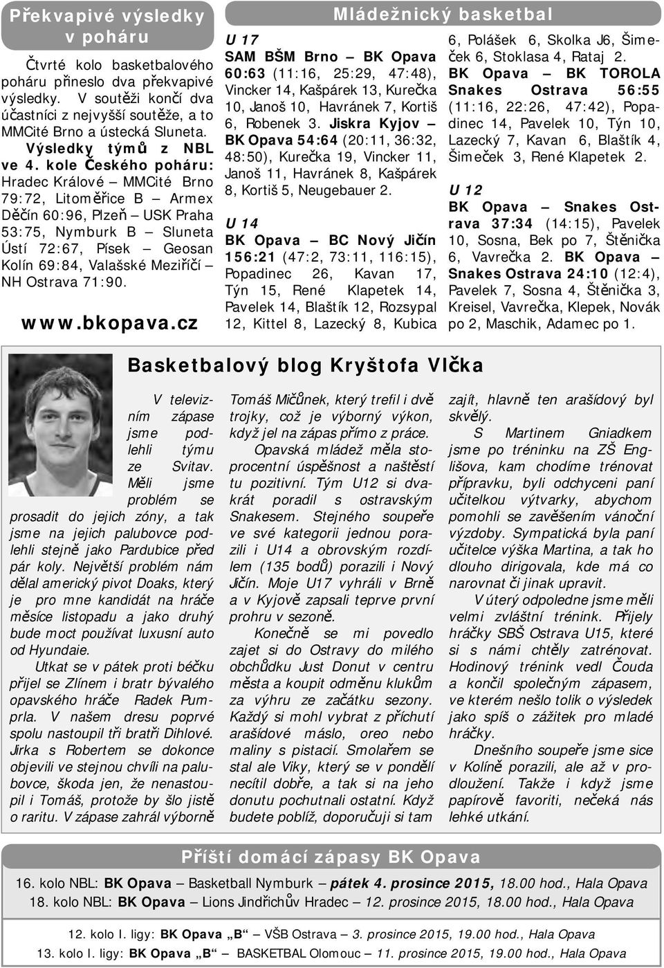 bkopava.cz U 17 SAM BŠM 60:63 (11:16, 25:29, 47:48), Vincker 14, Kašpárek 13, Kurečka 10, Janoš 10, Havránek 7, Kortiš 6, Robenek 3.