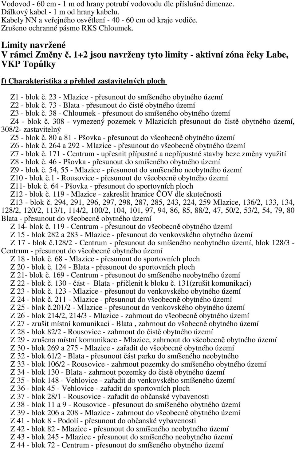 23 - Mlazice - přesunout do smíšeného obytného území Z2 - blok č. 73 - Blata - přesunout do čistě obytného území Z3 - blok č. 38 - Chloumek - přesunout do smíšeného obytného území Z4 - blok č.