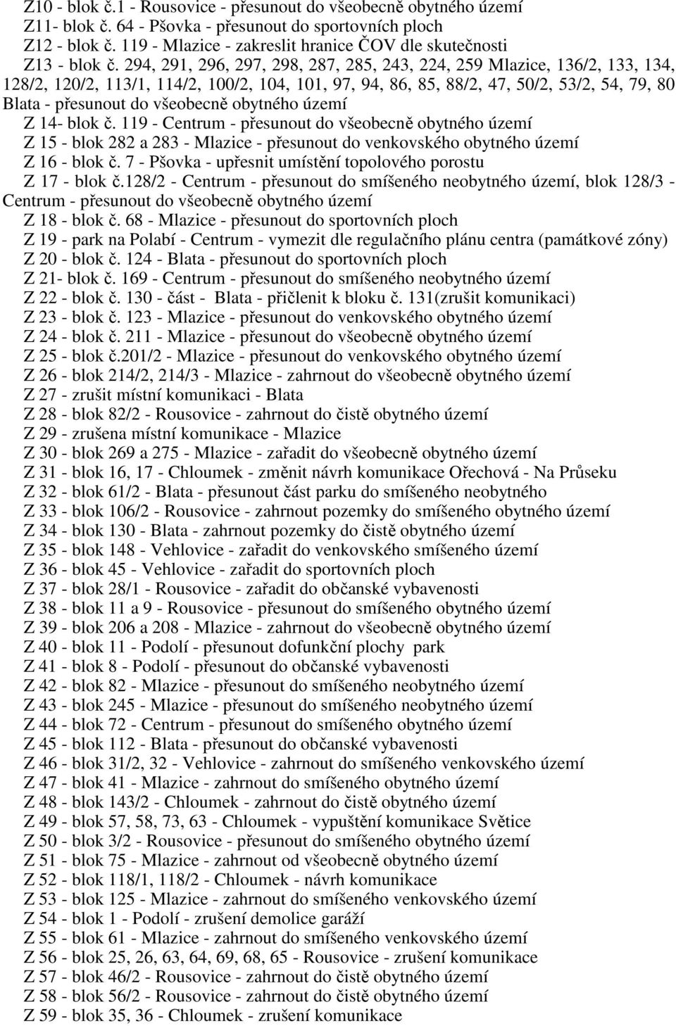 294, 291, 296, 297, 298, 287, 285, 243, 224, 259 Mlazice, 136/2, 133, 134, 128/2, 120/2, 113/1, 114/2, 100/2, 104, 101, 97, 94, 86, 85, 88/2, 47, 50/2, 53/2, 54, 79, 80 Blata - přesunout do všeobecně