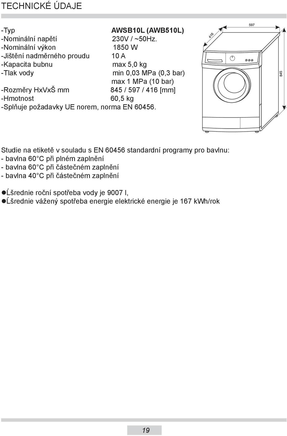 mm 845 / 597 / 416 [mm] -Hmotnost 60,5 kg -Splňuje požadavky UE norem, norma EN 60456.