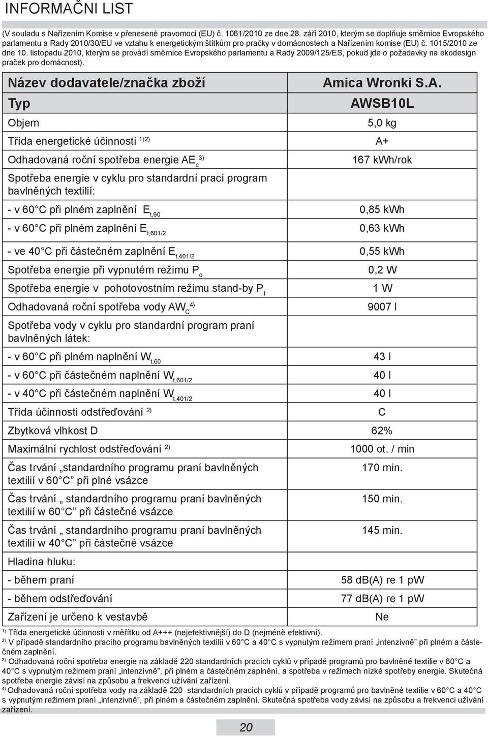 listopadu 010, kterým se provádí směrnice Evropského parlamentu a Rady 009/15/ES, pokud jde o požadavky na ekodesign praček pro domácnost).