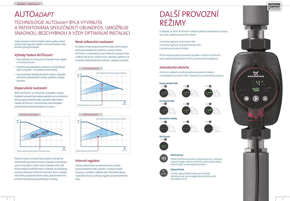 Výhody funkce AUTOADAPT N ení potřeba nic nastavovat, čerpadlo stačí zapojit a nechat pracovat Nové referenční nastavení Po výběru křivky proporcionálního tlaku, která nejvíce vyhovuje požadavkům