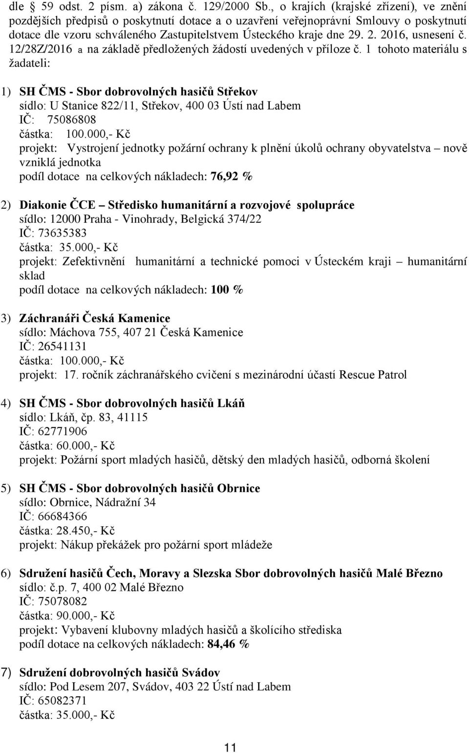 . 2. 2016, usnesení č. 12/28Z/2016 a na základě předložených žádostí uvedených v příloze č.