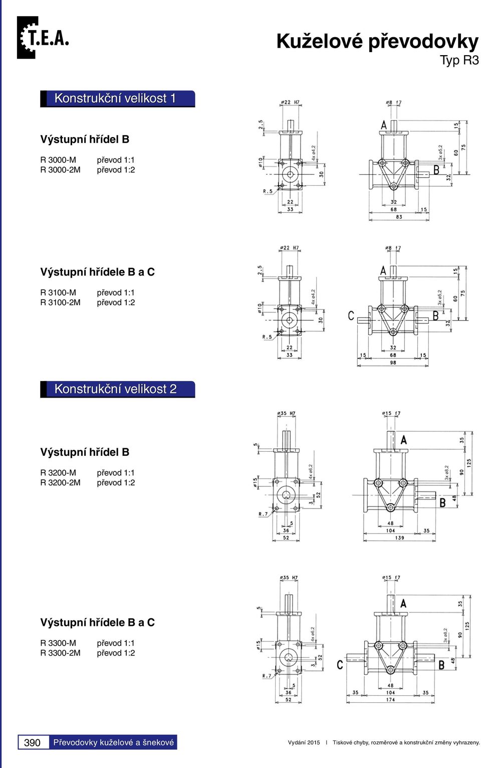 3200-M převod 1:1 R 3200-2M převod 1:2 Výstupní hřídele B a C R 3300-M převod 1:1 R 3300-2M převod