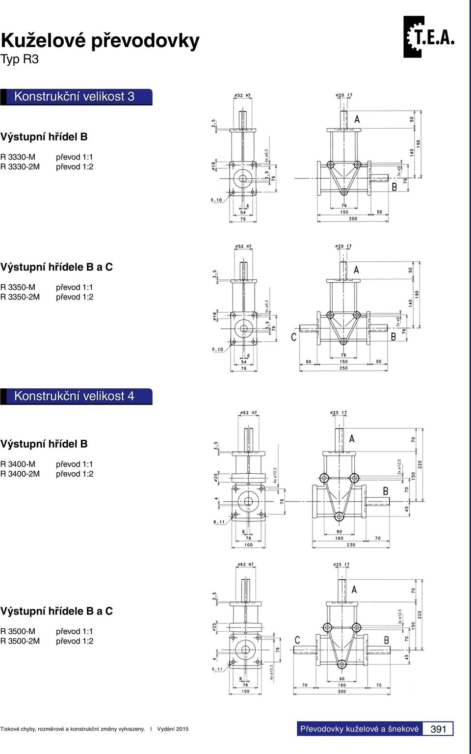 3400-M převod 1:1 R 3400-2M převod 1:2 Výstupní hřídele B a C R 3500-M převod 1:1 R 3500-2M převod