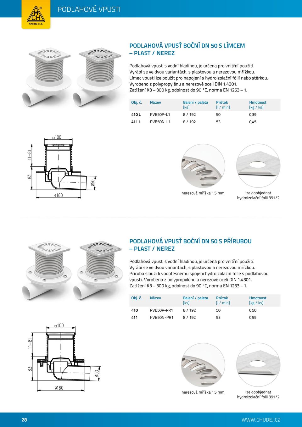 410 L PVB50P-L1 8 / 192 50 0,39 411 L PVB50N-L1 8 / 192 53 0,45 nerezová mřížka 1,5 mm lze doobjednat hydroizolační folii 391/2 PODLAHOVÁ VPUSŤ BOČNÍ DN 50 S PŘÍRUBOU PLAST / NEREZ Podlahová vpusť s